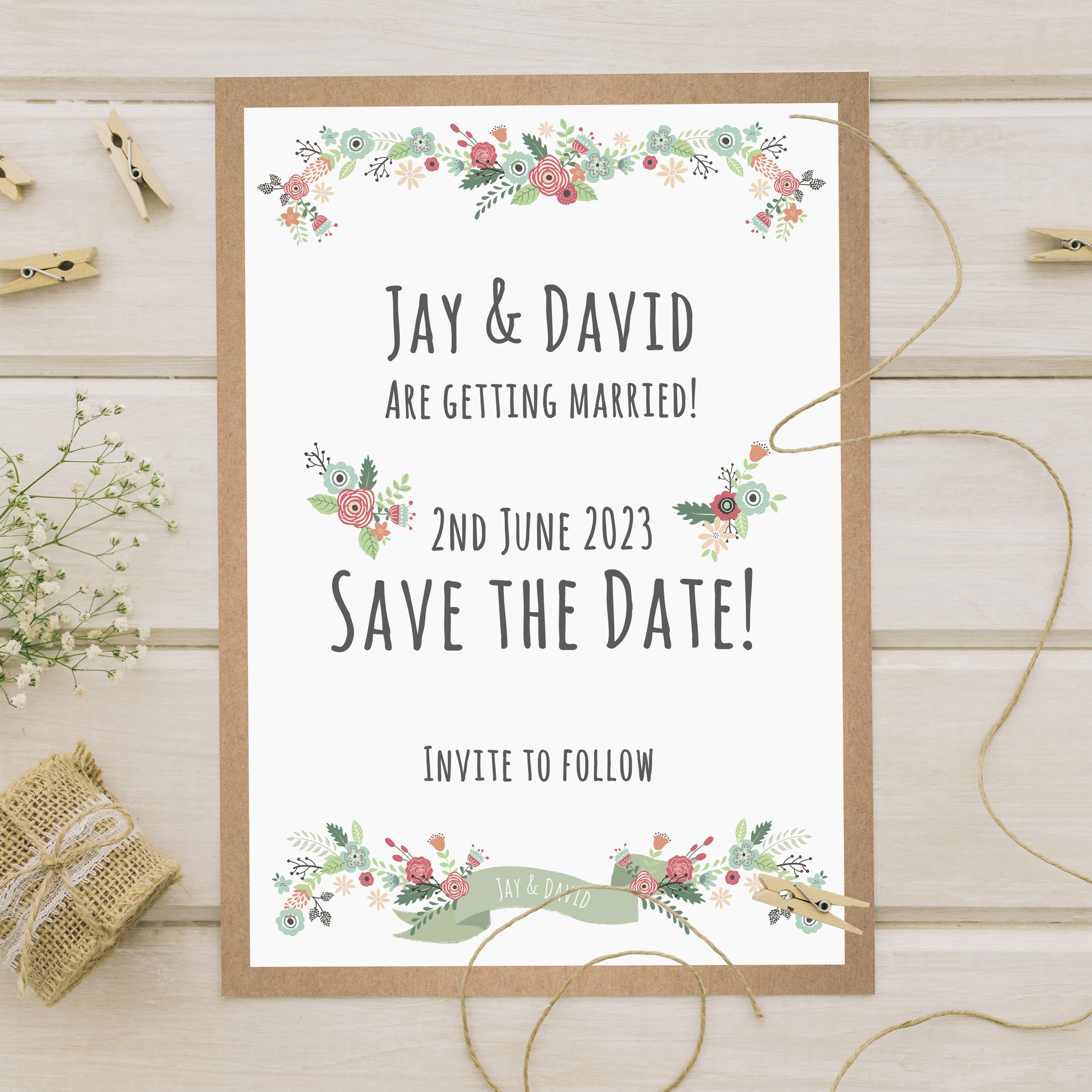 Brand New Personalised Save the Date Cards Rustic With Envelopes SD67 