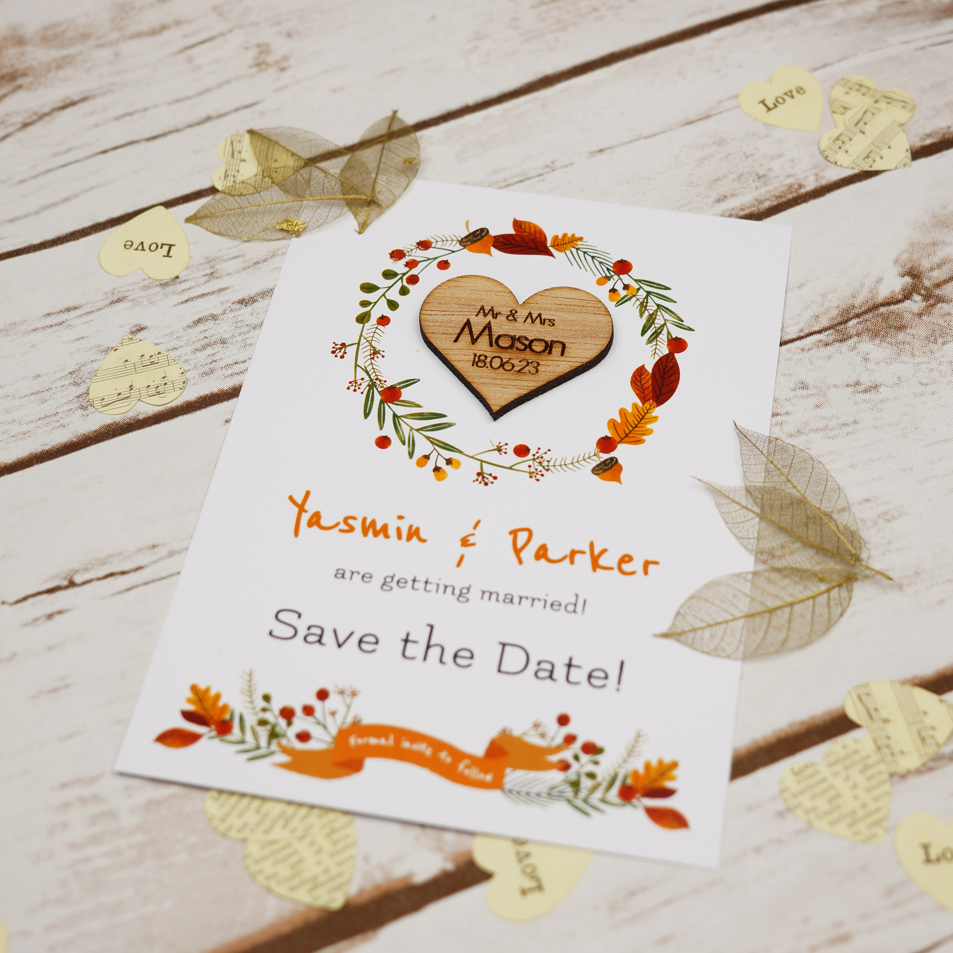 Beautiful Save the Date card, Heart magnets